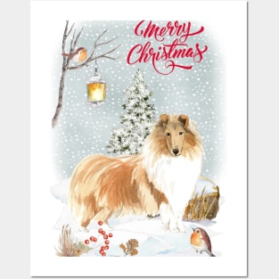 Rough Collie Dog Merry Christmas Santa Dog Posters and Art